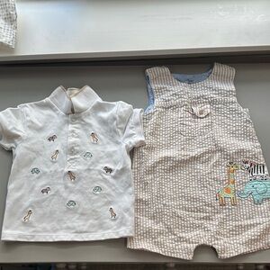 Little Me Tan & White Striped Baby Romper with Light Blue Neckline